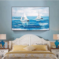 Hand Painted Abstract Landscape Oil Painting Wall Art Canvas Painting Blue Seascape Sailing Boat