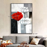 Hand Painted Abstract Red White Flower Modern Plant Canvas Painting House