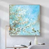 Hand Painted Oil Painting Blue Landscape Flower Tree Wall Canvas Abstract Art Modern Canvas Artwork Room Decor