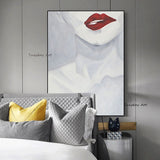 Modern Minimalist Hand Painted Canvas Painting Sexy Girl Red Lips Painting Fashion Art For Bedroom