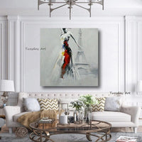 Modern Abstract Oil Painting On Canvas Hand Painted Girl And Eiffel Tower