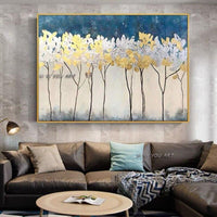 Hand Painted Abstract Gold Foil Tree On Canvas Modern Landscape Hallway