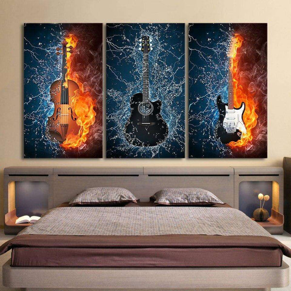 3 Panel Canvas Art Black Burning fire Guitar Music Painting WITH FRAME HQ Canvas Print