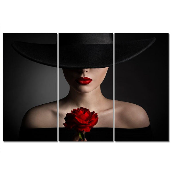 3 Panel Sexy Girl Hat Picture Black Background Painting on Canvas Wall Art WITH FRAME HQ Canvas Print