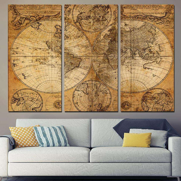 3 Panel canvas art world map canvas ancient map painting wall pictures WITH FRAME HQ Canvas Print