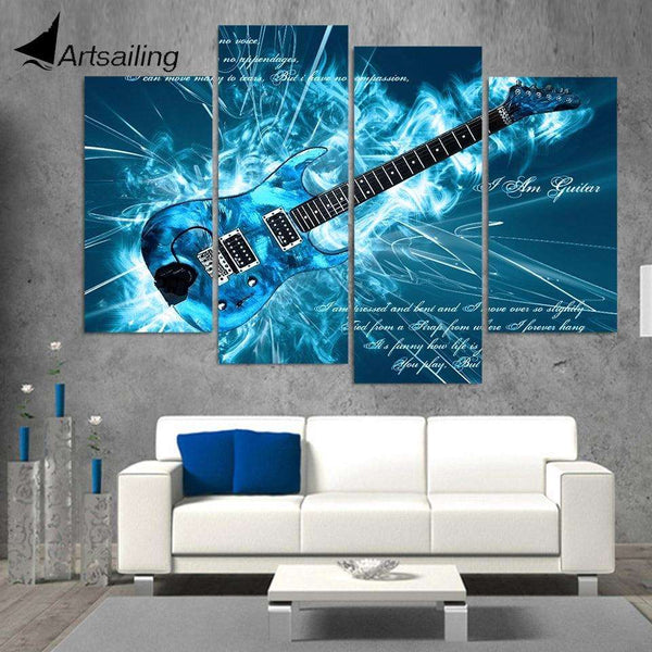4 Panel Cool Blue Abstract Guitar Painting Wall Pictures WITH FRAME HQ Canvas Print