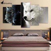 5 Piece HQ Canvas Print Art Abstract Black White Wolf Couple WITH FRAME