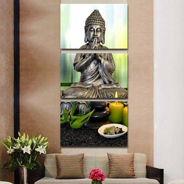 3 Panel stones with flower Buddha statue Painting living room WITH FRAME HQ Canvas Print