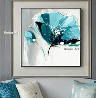 High qualitly Hand Painted Light Blue Color Flower On Canvas Abstract Flower bedroom