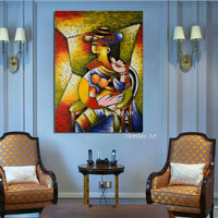 Elegant Lady Saxophone Gentlemen Picasso Style Art Hand Painted Figure Canvas Painting Decor Decor