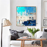 Hand Painted Modern Blue and Yellow Abstract Oil painting on Canvas Wall Art Cuadro Decoracion