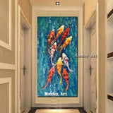 Hand Painted Traditional Chinese Landscape Nine Koi Fish painting on Canvas Wall Art Decor