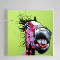 Hand Painted Modern Abstract Crazy Horse Portrait Painting Green Background Pure Hand Painted Unique on Canvas