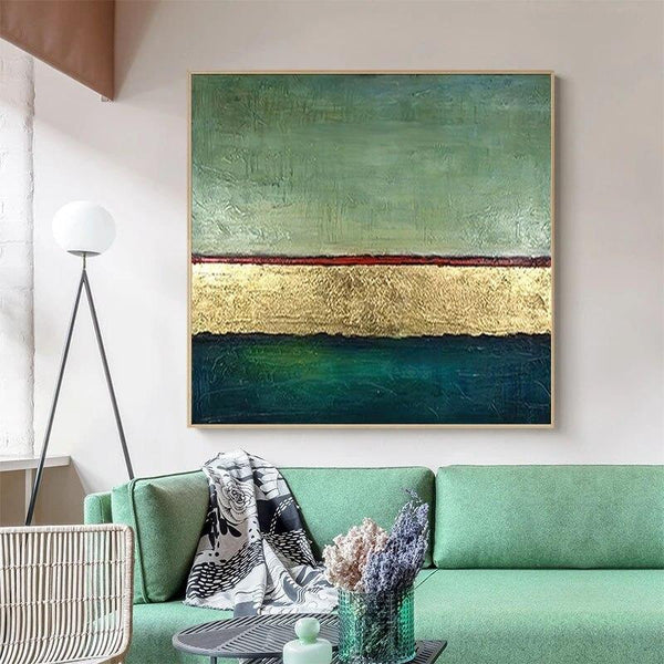 Hand Painted Abstract Modern Minimalist Gold Foil Green Color Canvas For Living