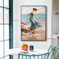 Hand Painted Lady with Blue Dress Oil Painting on Canvas Beauty Lady Walking on Beach Oil Painting for