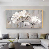 Hand Painted Canvas White and Golden Modern Flower Wall Art For Office