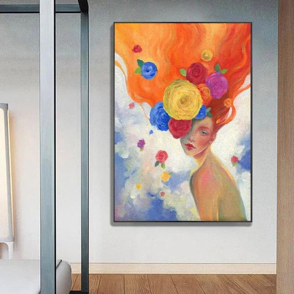 Abstract Hand Painted Flowers Girl Hair Canvas Painting Watercolor Vintage Nordic