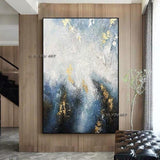 Hand Painted Abstract Blue Gold Foil Minimalist Modern On Canvas Decorative