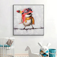 Hand Painted Modern Abstract Cute Bird Animals Oil Painting On Canvass For Kids Room As