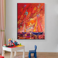 Hand Painted Oil Painting Seascape Red Sailing Boat Landscape Abstract On Canvas Decor