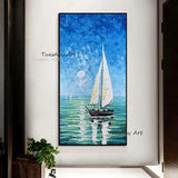 Hand Painted Abstract Landscape Modern Oil Painting Sea Sailboat Canvas Painting Square Nordic