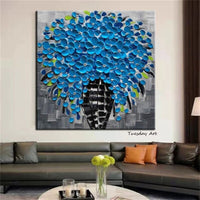 Hand Painted Art Oil Painting Modern Abstract Palette Knife Blue Flowers Canvas Decor Florals