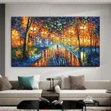 Hand Painted Oil Painting Palette Knife Street Lamp Tree On Canvas Figures Abstract Modern Wall Decor