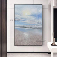 Modern Wall Canvas Simple Hand Painted Abstract Seascape In Light Blue For Restaurant