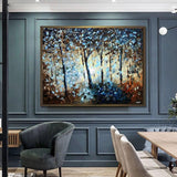 Hand Painted Retro Blue Black Landscape Tree Oil Painting Wall Canvas Abstract Art Modern Canvas Artwork Room Decor