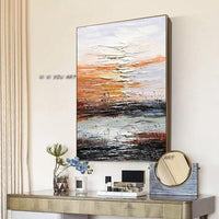 Hand Painted Contemporary Lake Landscape Abstract Minimalist Modern On Canvas Wall Art Decorative