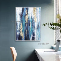 Abstract Blue With Gold Foil Hand Painted On Canvas Hand Painted Modern Wall Art Office