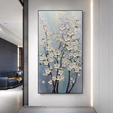 Hand Painted Abstract White Flowers Tree Modern On Canvas Decor Office