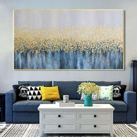 Abstract Hand Painted Canvas Wall Art Minimalist Modern Blue and Golden Decoration Living Room Office