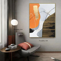 Hand Painted Oil Painting Abstract Modern Canvas Gold Lines Yellow Black Whites Bedroom Fashion