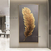 Hand Painted Abstract Golden Feather Canvas Modern Minimalist