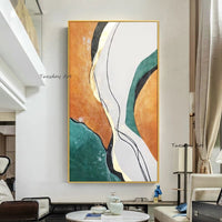 Abstract Golden Foil Hand Painted Canvas Painting Orange Green Contemporary Modern