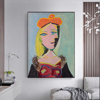 Hand Painted Oil Painting Picasso Woman wearing orange beret and fur collar (Mary Tres) Abstract Canvas Wall Art