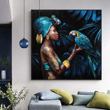 Hand Painted Oil Painting Modern People Abstract African Woman Parrot Canvas Art