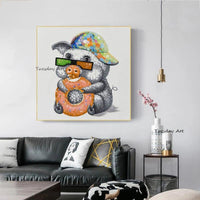 Hand Painted Funny Animal Piggy Oil Painting for Wall Decor Piggy Eat donuts