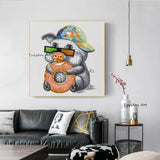 Hand Painted Funny Animal Piggy Oil Painting for Wall Decor Piggy Eat donuts