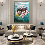 Modern Hand Painted Funny Animal Dog Underwater Art Wall Canvas Creative Mural Home Room Decor