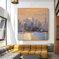 Abstract Golden Building Canvas Hand Painted Oil Painting City Landscape for Pub Aisle