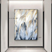 Hand Painted Abstract Gray Leaves Painting Decorative On Canvas Modern Plant Wall Art For