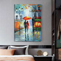 Hand Painted Modern Oil Painting Rain Tree Road Palette Knife People Abstract Canvas Wall Art