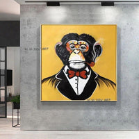 Hand Painted on Canvas Animal Abstract Modern With a cigarette Monkeys Decor