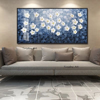 Hand Painted Modern Abstract Oil Painting Blue White Hand Painted Knife Flowers