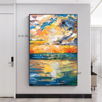 Hand Painted Abstract Colorful Sunset Glow Painting On Canvas Modern Wall Art For