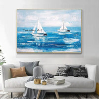 Hand Painted Abstract Landscape Oil Painting Canvas Painting Blue Seascape Sailing Boat