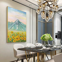 Home Canvas Artwork Hand Painted Sunflower and Mountain Oil Painting Texture On Canvas