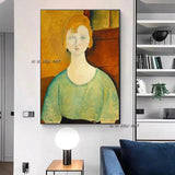 Modern Hand Painted Girl in a Green Blouse Canvas Artwork Aesthetic Wall Hanging Decor